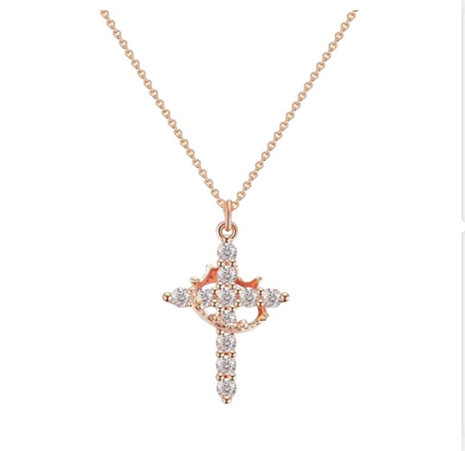 Fashion Jewelry Cross Full Diamond Crown Rotatable Necklace