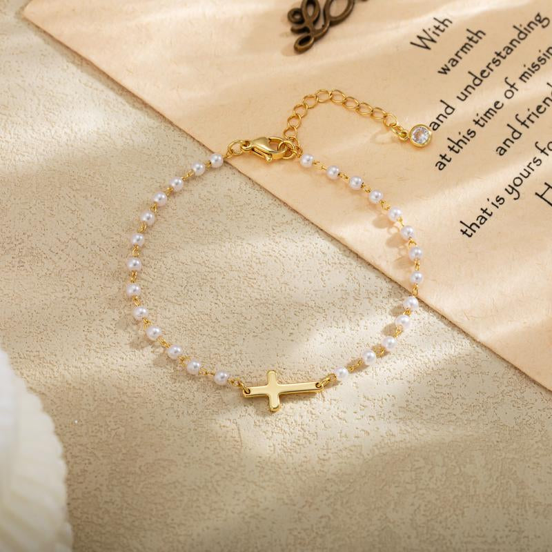 Tewiky Simple Cross Pendant Bracelet Dainty Simple Tiny Cross Bracelet for Women Girls for Christmas Gift All-Match & Exquisite Jewelry Gift for Summer