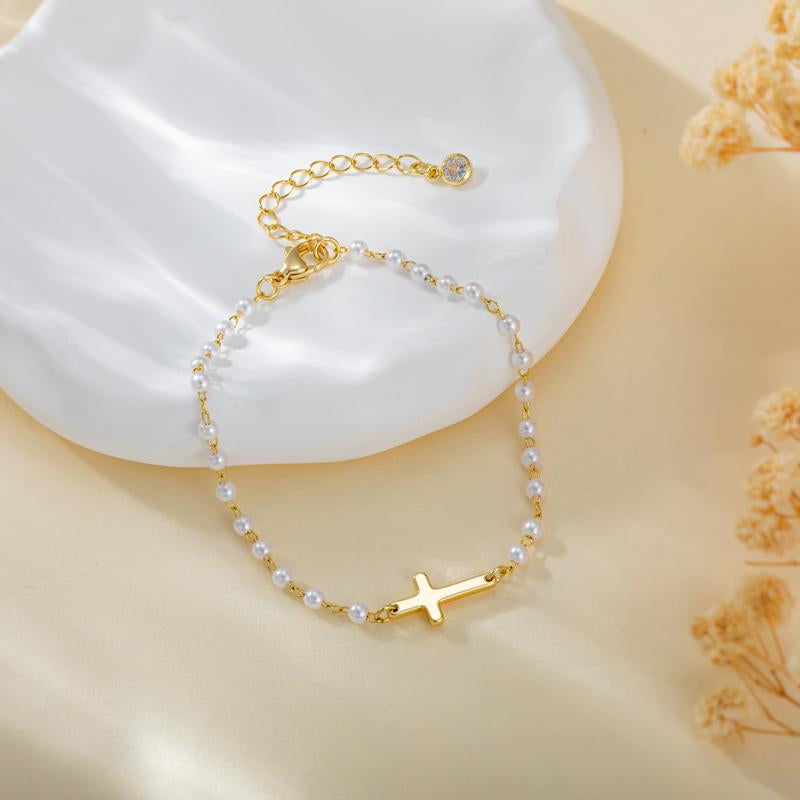 Tewiky Simple Cross Pendant Bracelet Dainty Simple Tiny Cross Bracelet for Women Girls for Christmas Gift All-Match & Exquisite Jewelry Gift for Summer